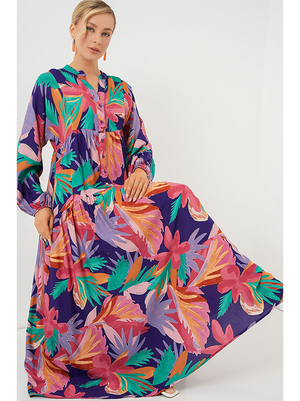 Pembe 2423 Otantik Desenli Tesettür Elbise - A.Pudra-1