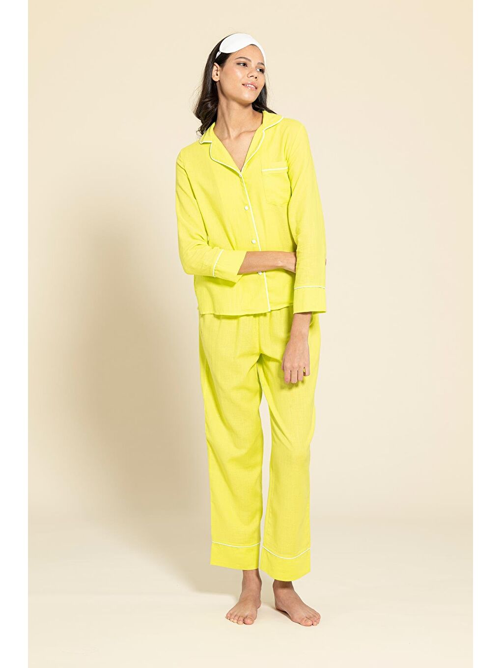 For You Moda Sari 3'Lü Organik Beyaz Biyeli Sarı Pijama Takımı - 4