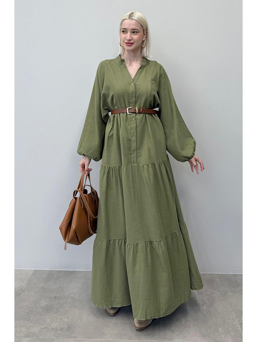Haki Uzun Kollu Düğmeli Elbise Mg2433-2