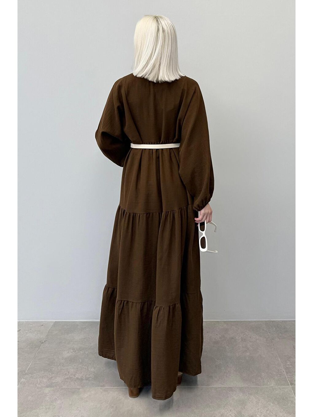 Kahverengi Uzun Kollu Düğmeli Elbise Mg2433-3