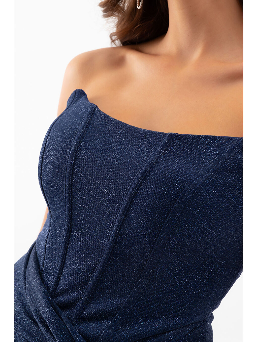 Kadın Lacivert Straplez Simli Örme Abiye Elbise-4