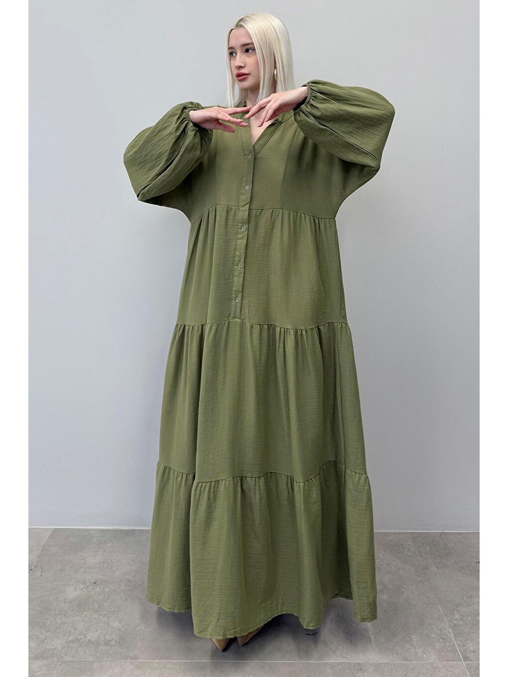 Haki Uzun Kollu Düğmeli Elbise Mg2433-3