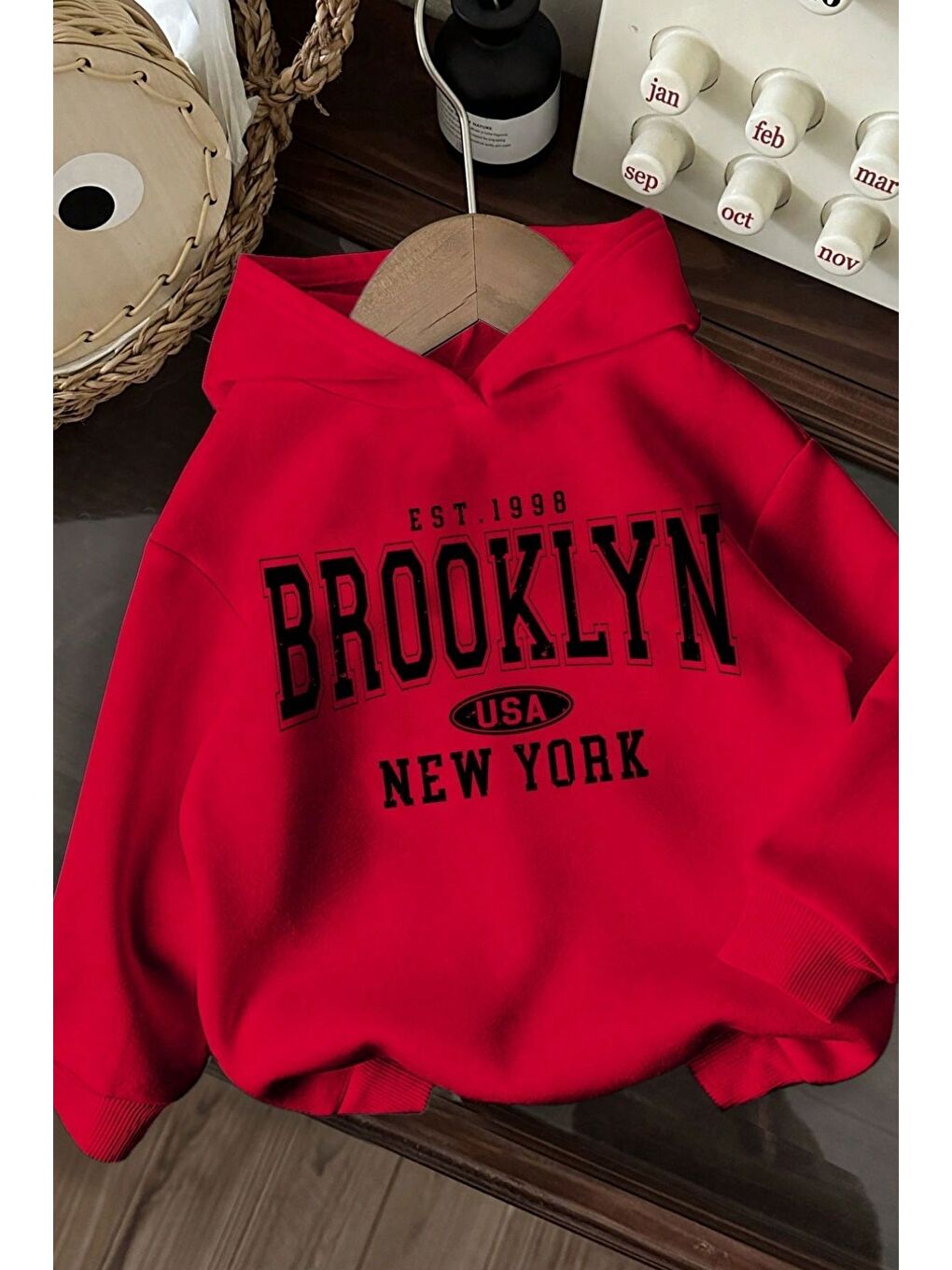 Trendseninle Unisex Kırmızı Oversize Brooklyn Usa Newyork Baskılı Kapüşonlu Sweatshirt Hoodie