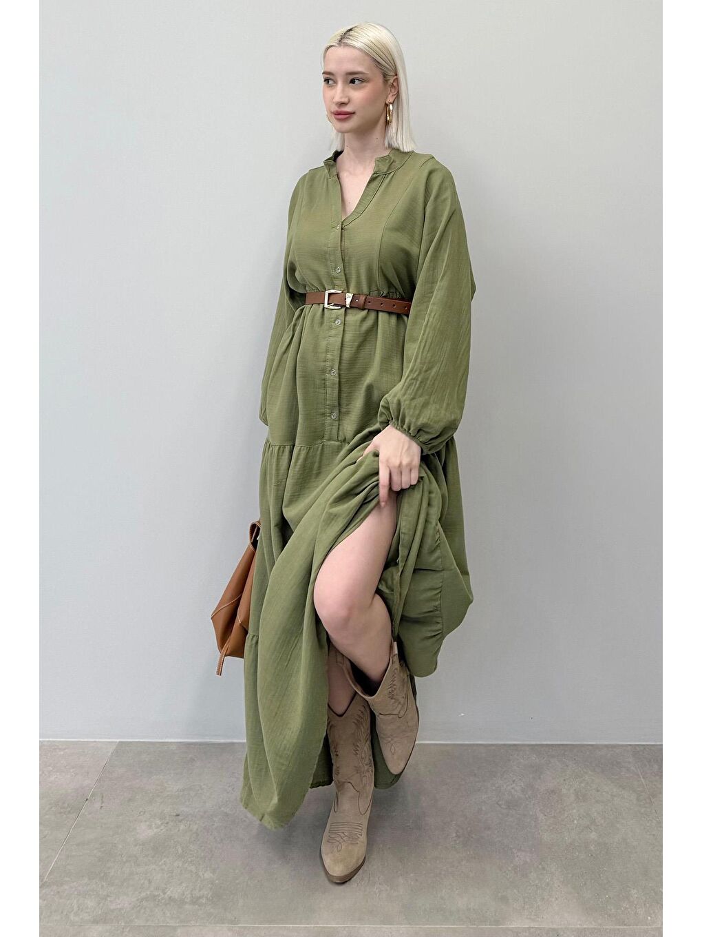 Haki Uzun Kollu Düğmeli Elbise Mg2433-4