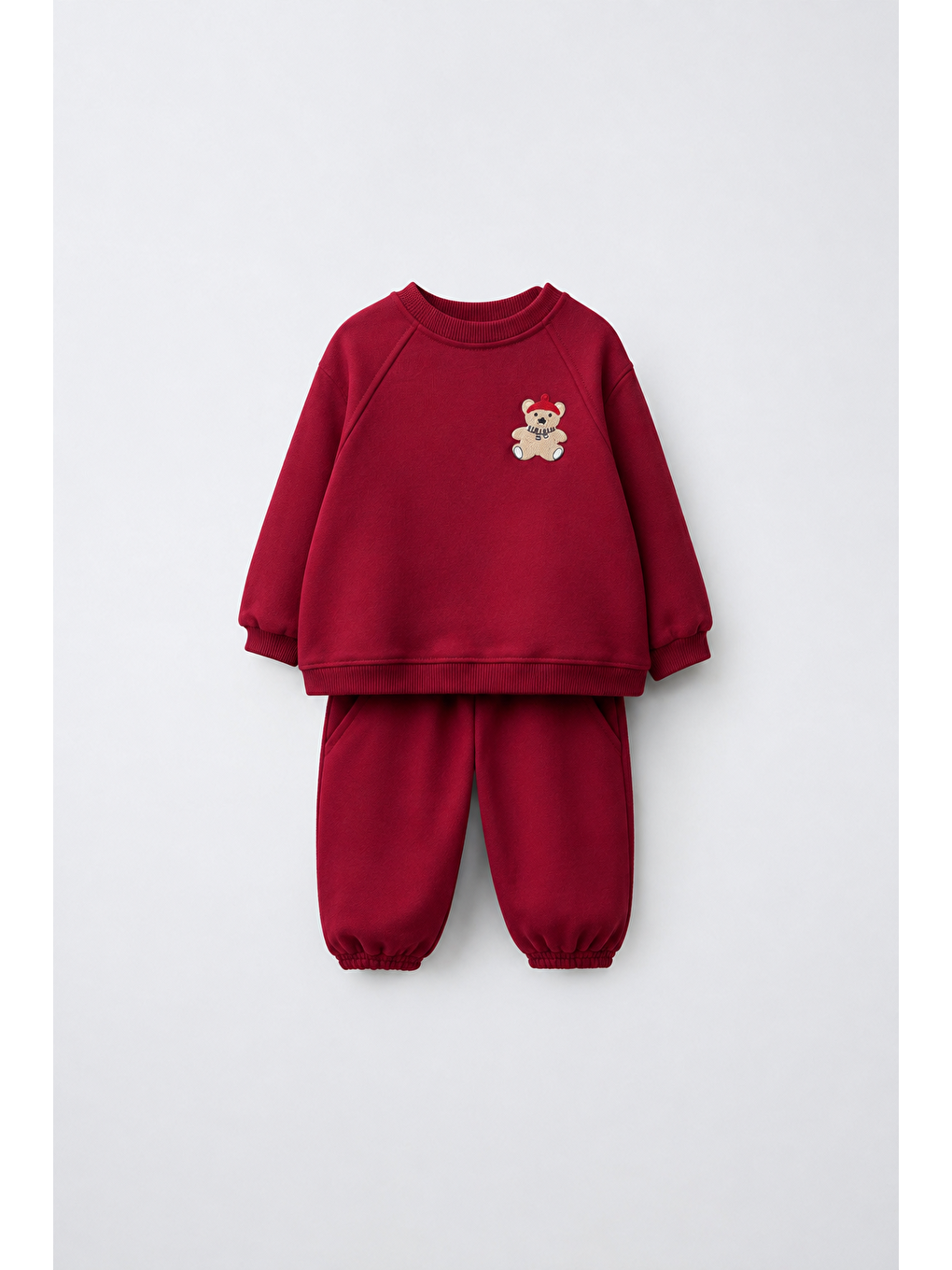 Karışık Çocuk Pamuklu Ayıcık Nakışlı Bordo Sweatshirt Ve Eşofman Altı Takımı