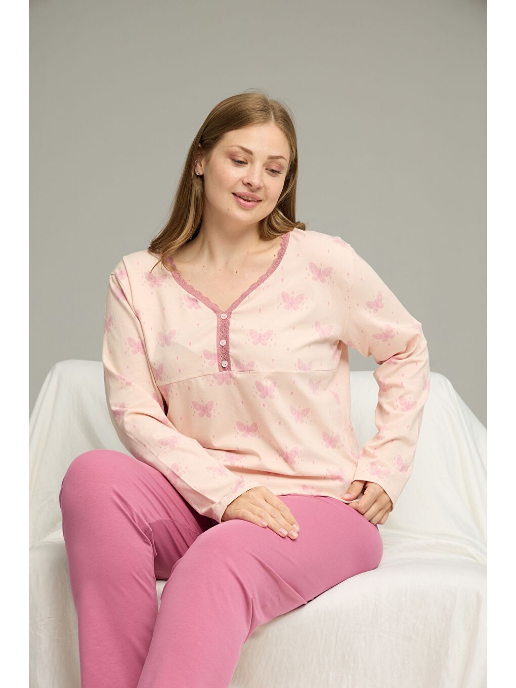 Pembe Desenli Curve Büyük Beden Battal Boy Pamuklu Pijama Takım25240777