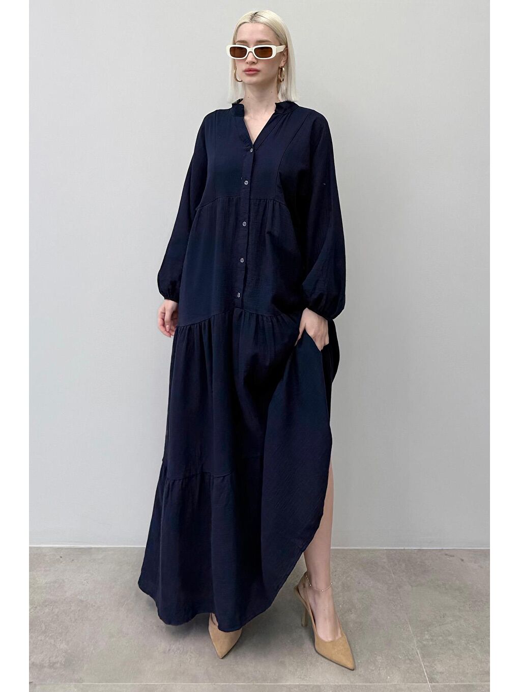 Lacivert Uzun Kollu Düğmeli Elbise Mg2433