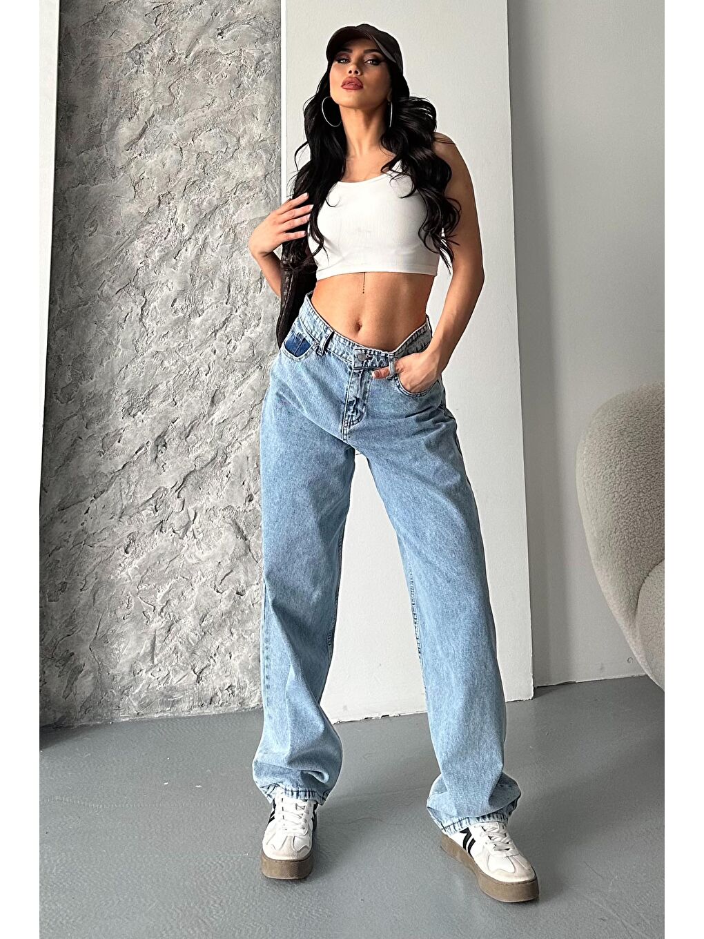 Kar Yıkamalı Baggy Jean Pantolon Mavi - 27269
