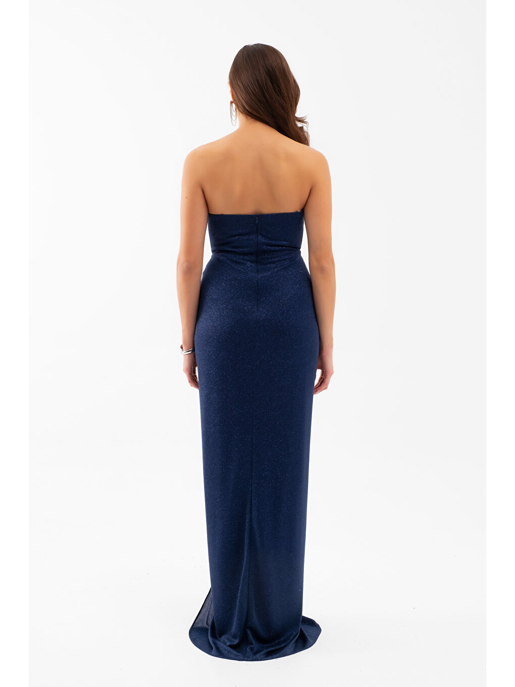 Kadın Lacivert Straplez Simli Örme Abiye Elbise-5