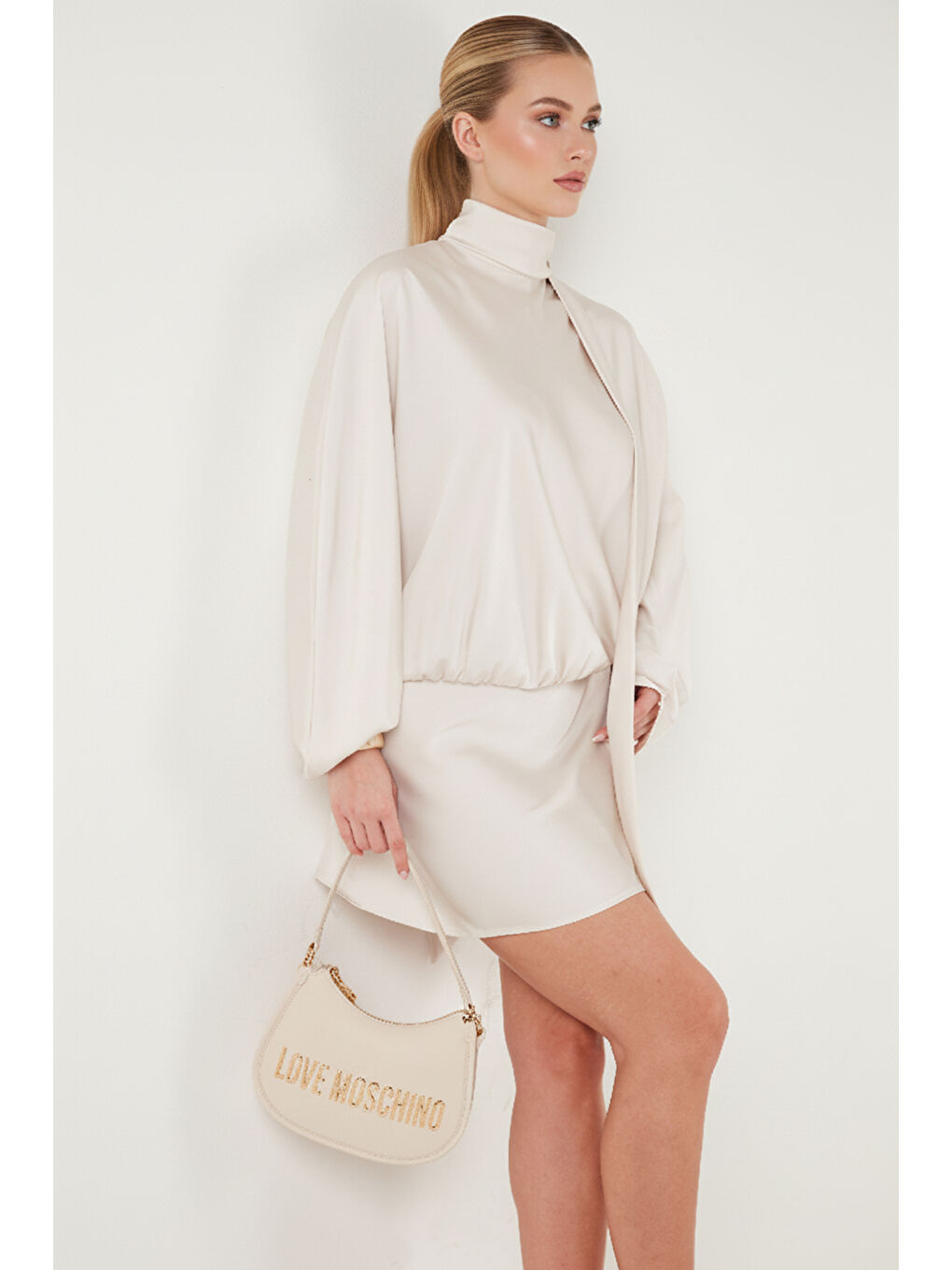 Ekru Standart Fit Bağlamalı Dik Yaka Saten Kadın Elbise 59135520-2