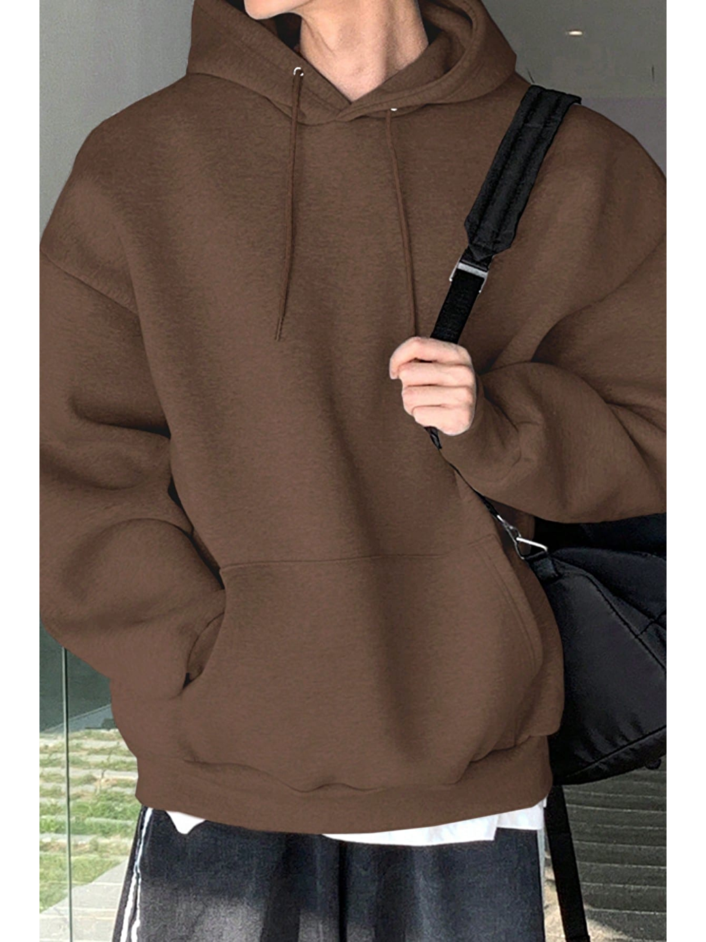 Kahverengi Erkek Sweatshirt Kanguru Cepli İçi Polarlı 3 İplik Kapüşonlu Oversize Sweatshirt KANGU