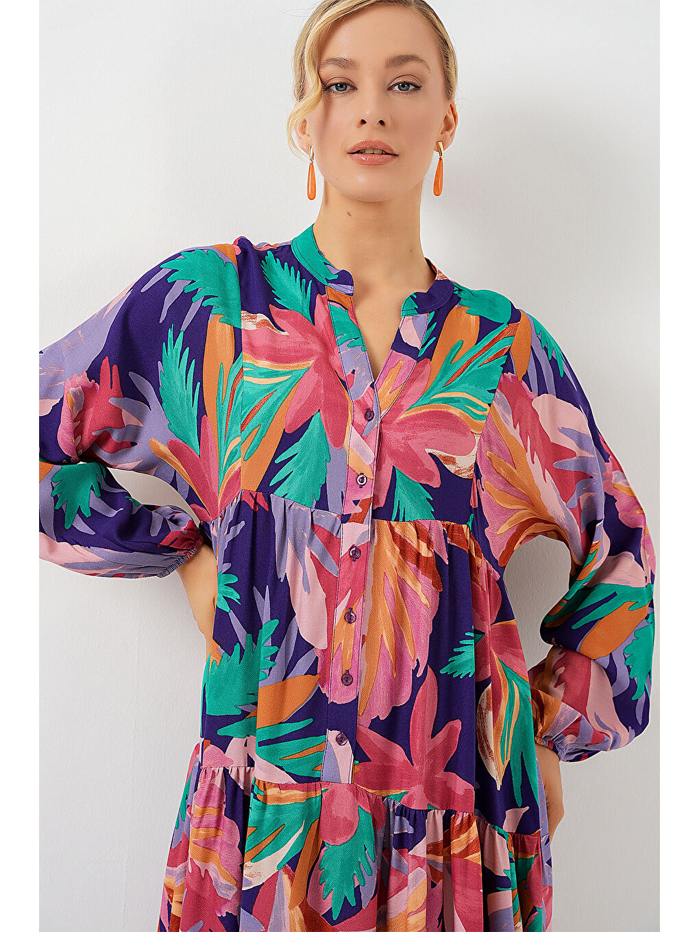 Pembe 2423 Otantik Desenli Tesettür Elbise - A.Pudra-3