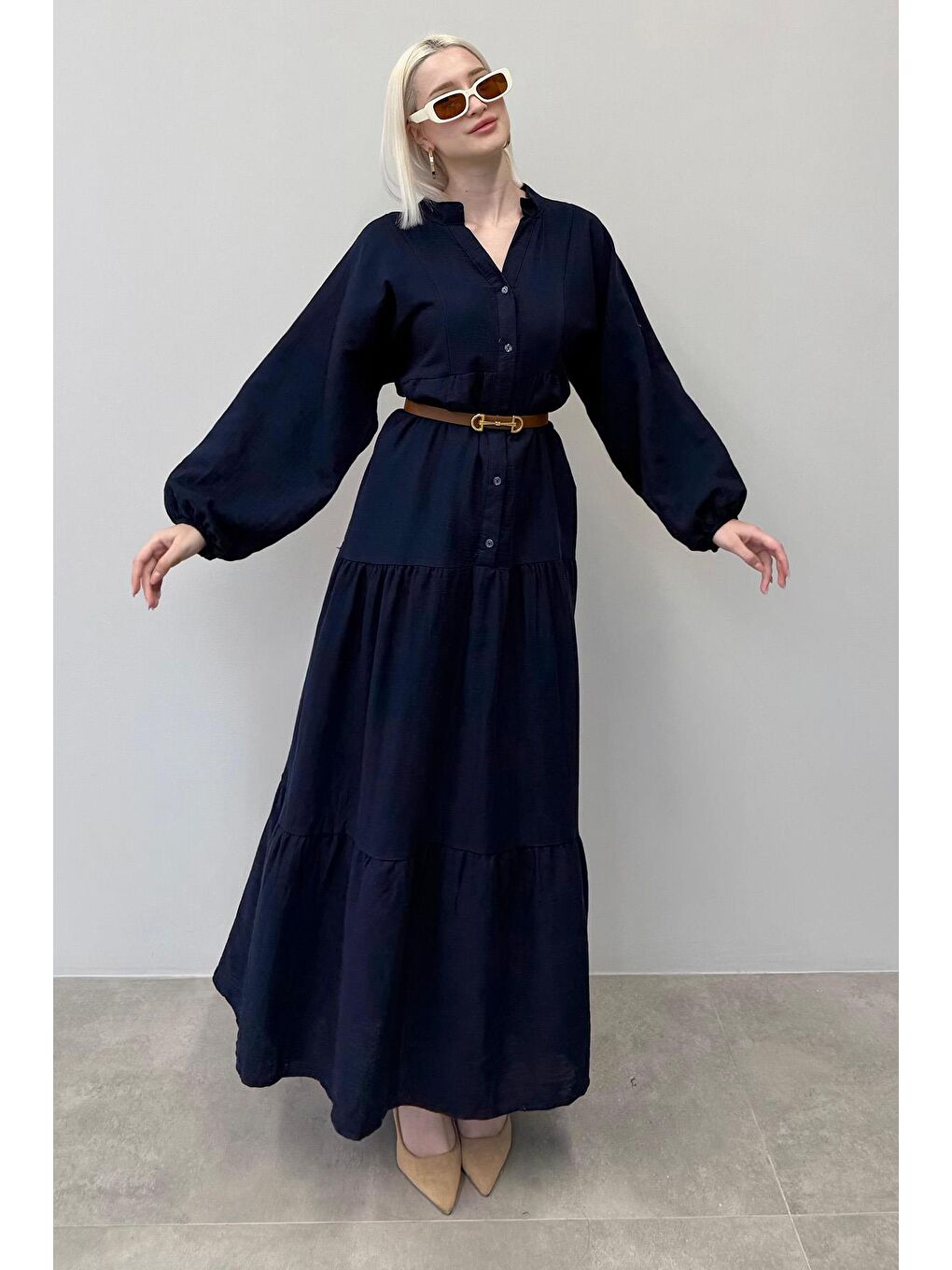 Lacivert Uzun Kollu Düğmeli Elbise Mg2433-1