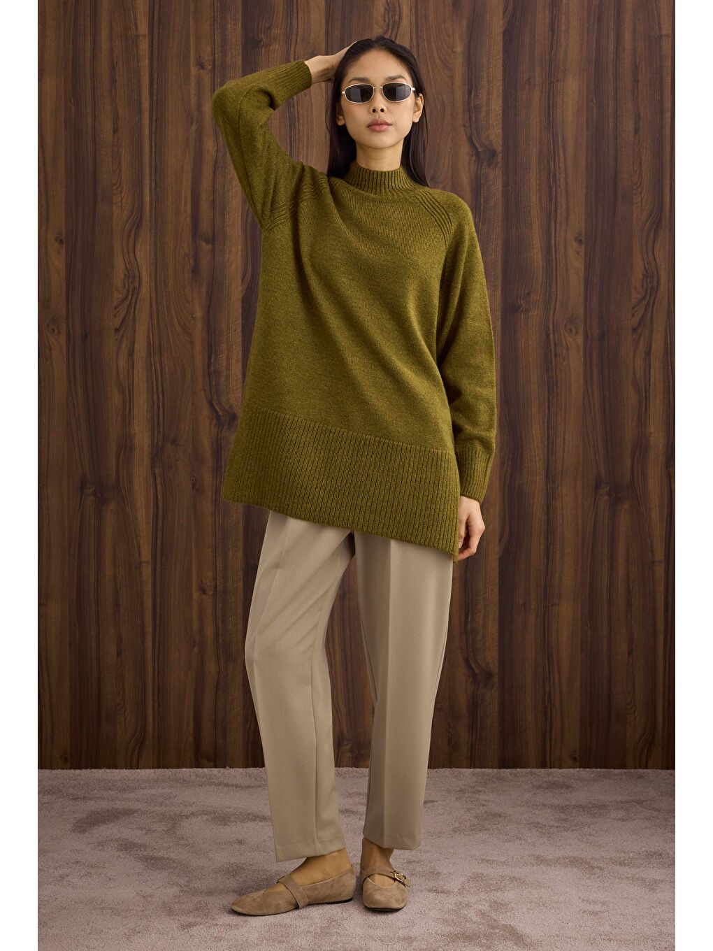 Yeşil Balıkçı Yaka Basic Kazak Yosun