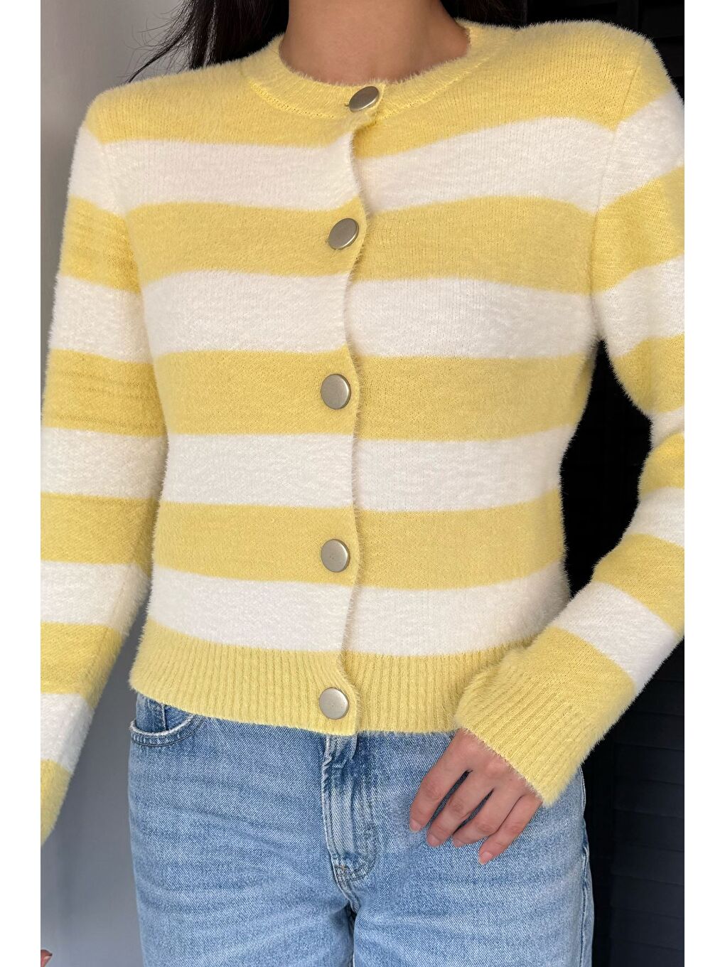 Sarı Kadın Renk Bloklu Yumoş Triko Ceket (s-m-l Beden Uyumludur.)