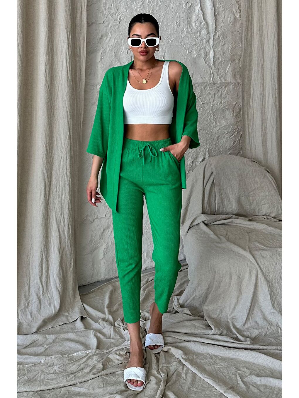 Kadın Yeşil Kimono Alt Üst Havuç Pantolon Takım