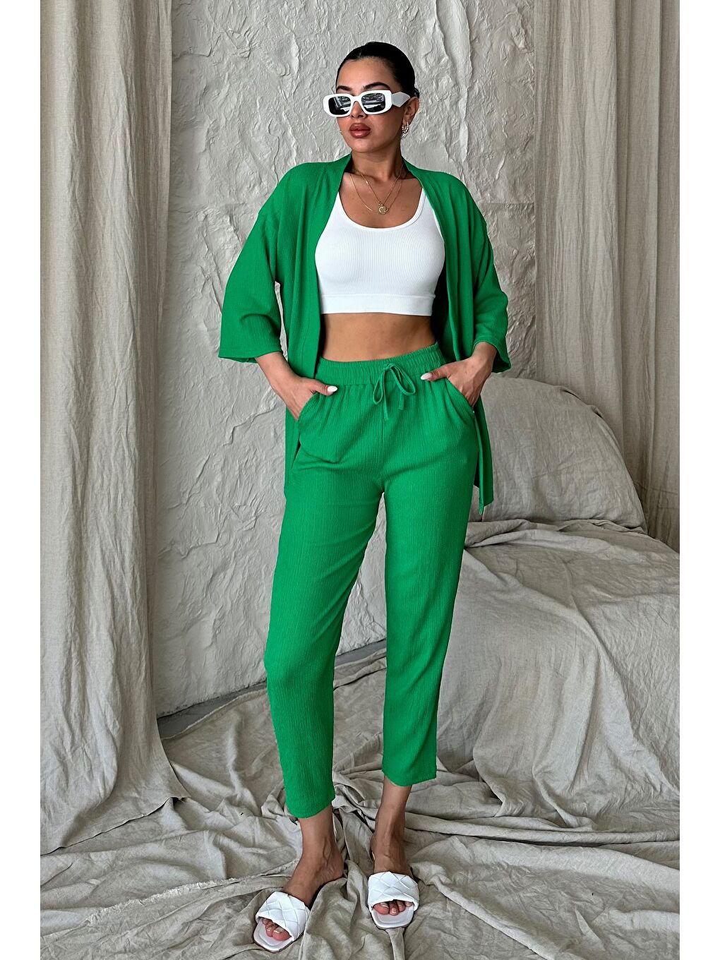 Kadın Yeşil Kimono Alt Üst Havuç Pantolon Takım-1