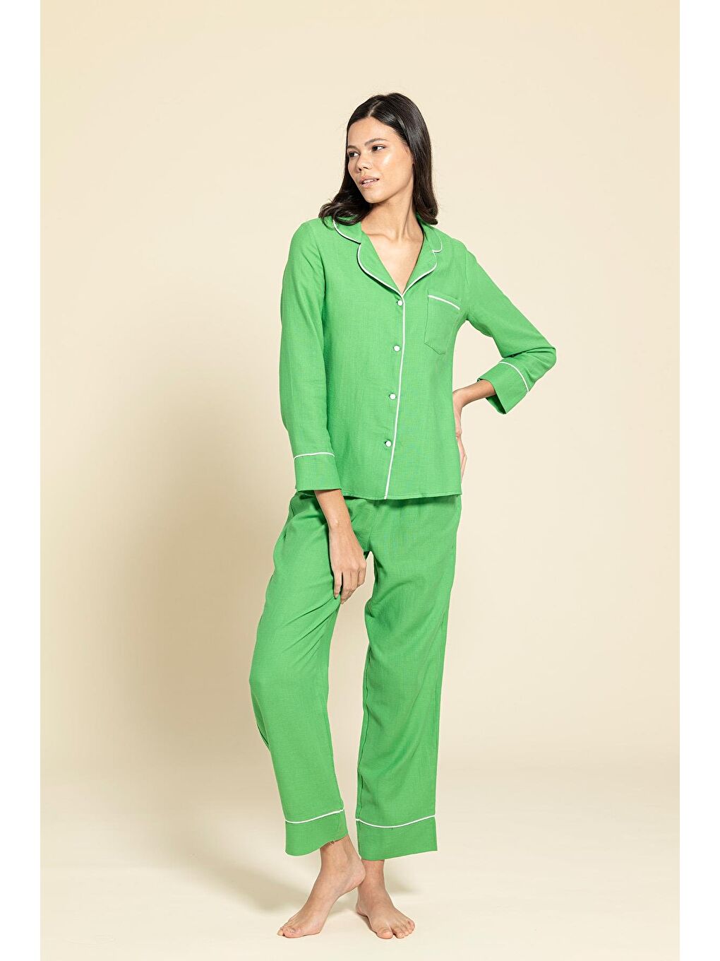 3'Lü Organik Beyaz Biyeli Yeşil Pijama Takımı-1