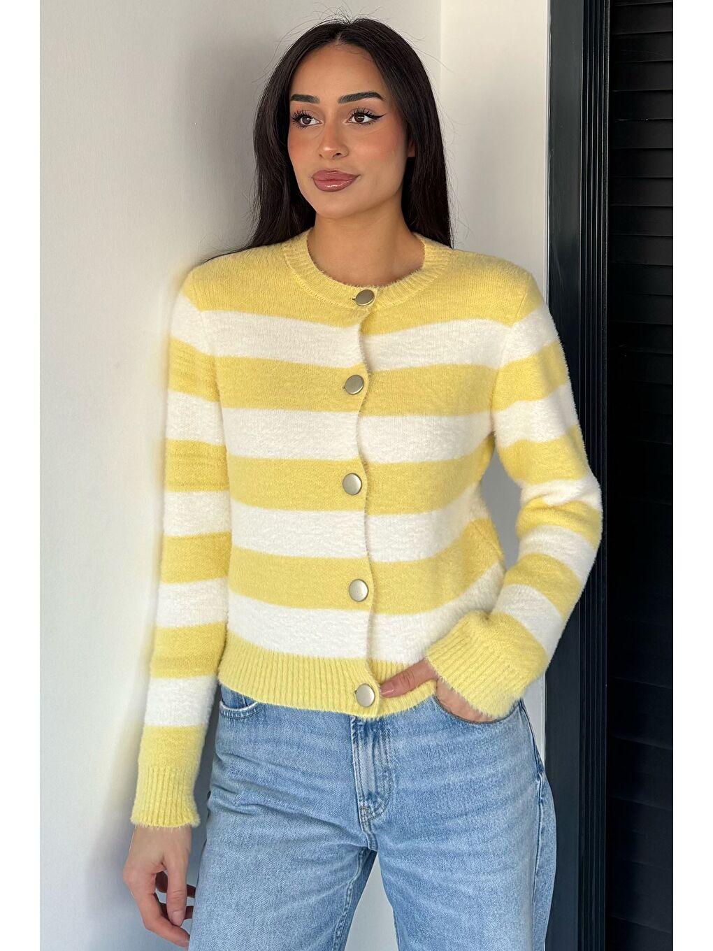 Sarı Kadın Renk Bloklu Yumoş Triko Ceket (s-m-l Beden Uyumludur.)-1