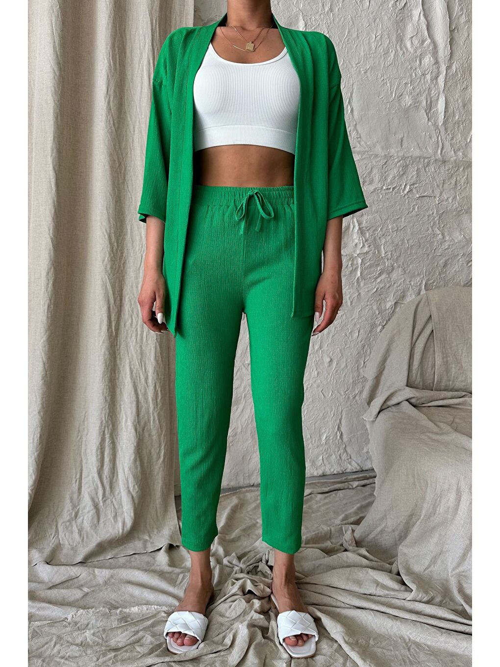Kadın Yeşil Kimono Alt Üst Havuç Pantolon Takım-2