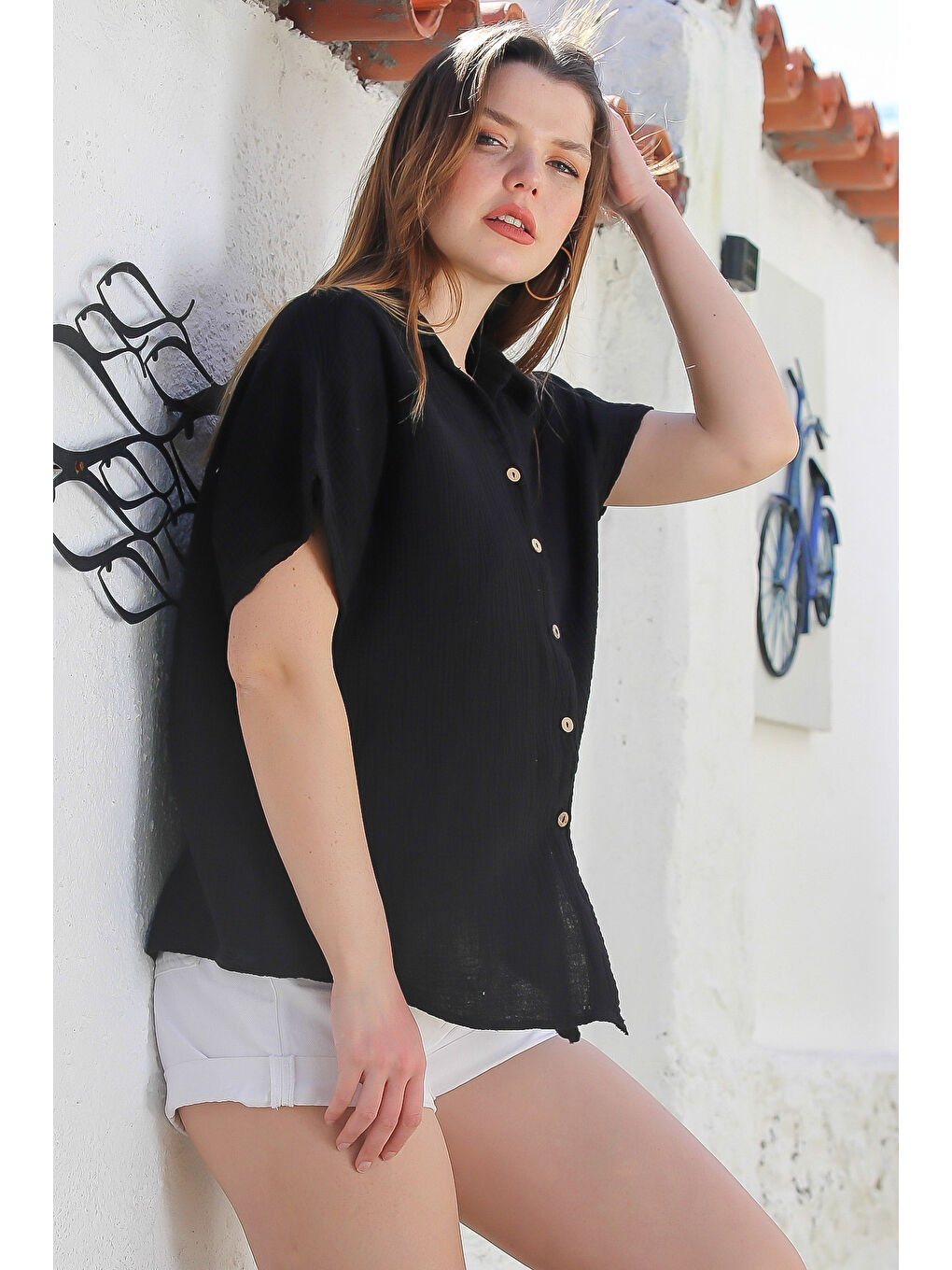 Siyah Gömlek Yaka Kısa Kol Düğmeli Yıkamalı Casual Müslin Dokuma Gömlek 68 60-1