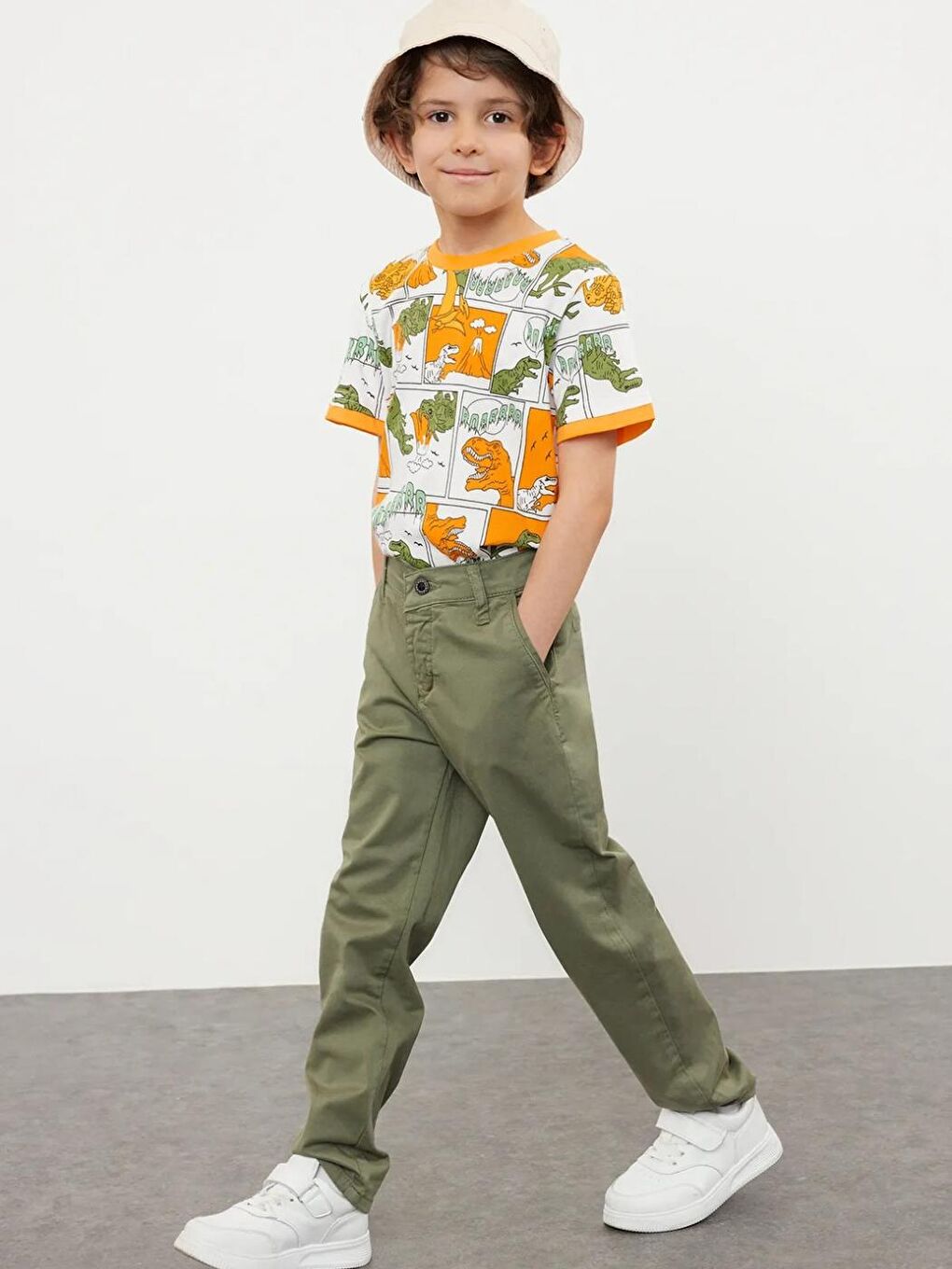 Erkek Çocuk Regular Chino Dokuma Pantolon Haki Yeşil 6-10 Yaş-1