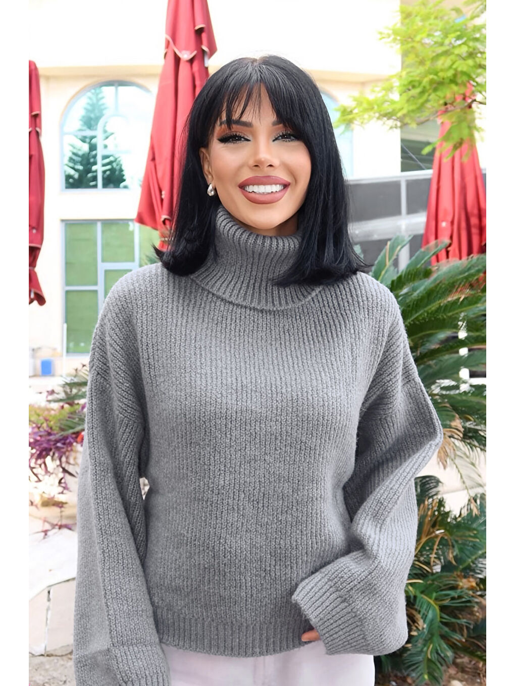 Gri Geniş Kollu Boğazlı Triko Kazak NC-118-4