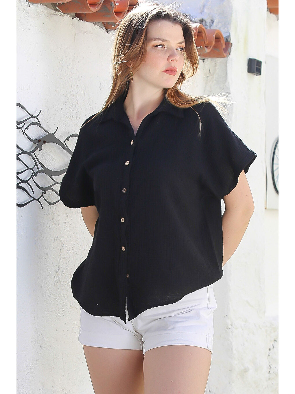 Siyah Gömlek Yaka Kısa Kol Düğmeli Yıkamalı Casual Müslin Dokuma Gömlek 68 60-2