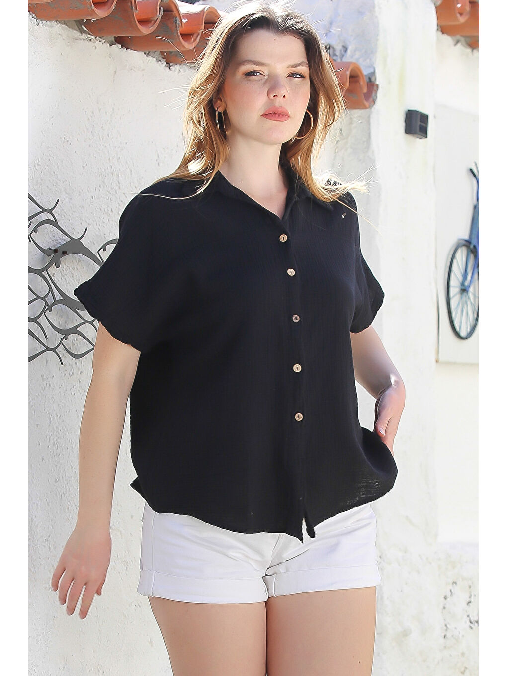 Siyah Gömlek Yaka Kısa Kol Düğmeli Yıkamalı Casual Müslin Dokuma Gömlek 68 60-3