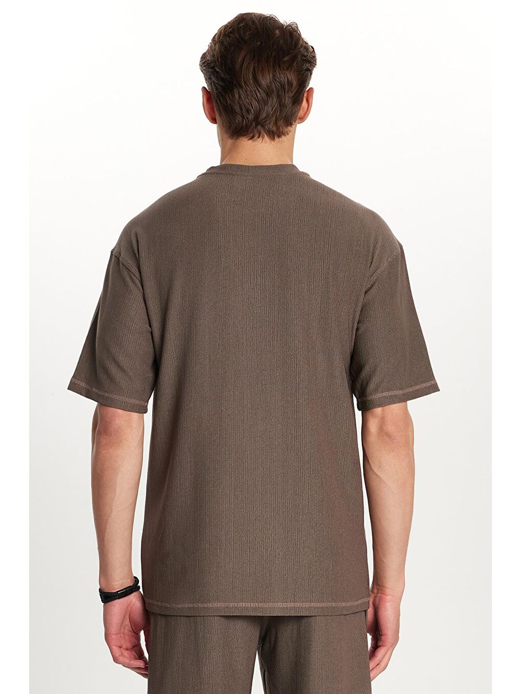 Kahverengi Erkek Standart Fit Pamuklu Jakarlı Baskılı Bisiklet Yaka Beli Bağcıklı Taba Şort Takım-6