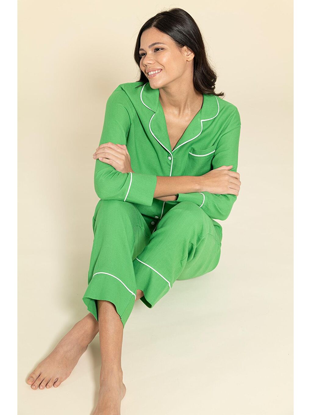 3'Lü Organik Beyaz Biyeli Yeşil Pijama Takımı-3