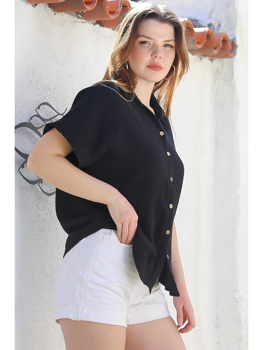 Siyah Gömlek Yaka Kısa Kol Düğmeli Yıkamalı Casual Müslin Dokuma Gömlek 68 60-4