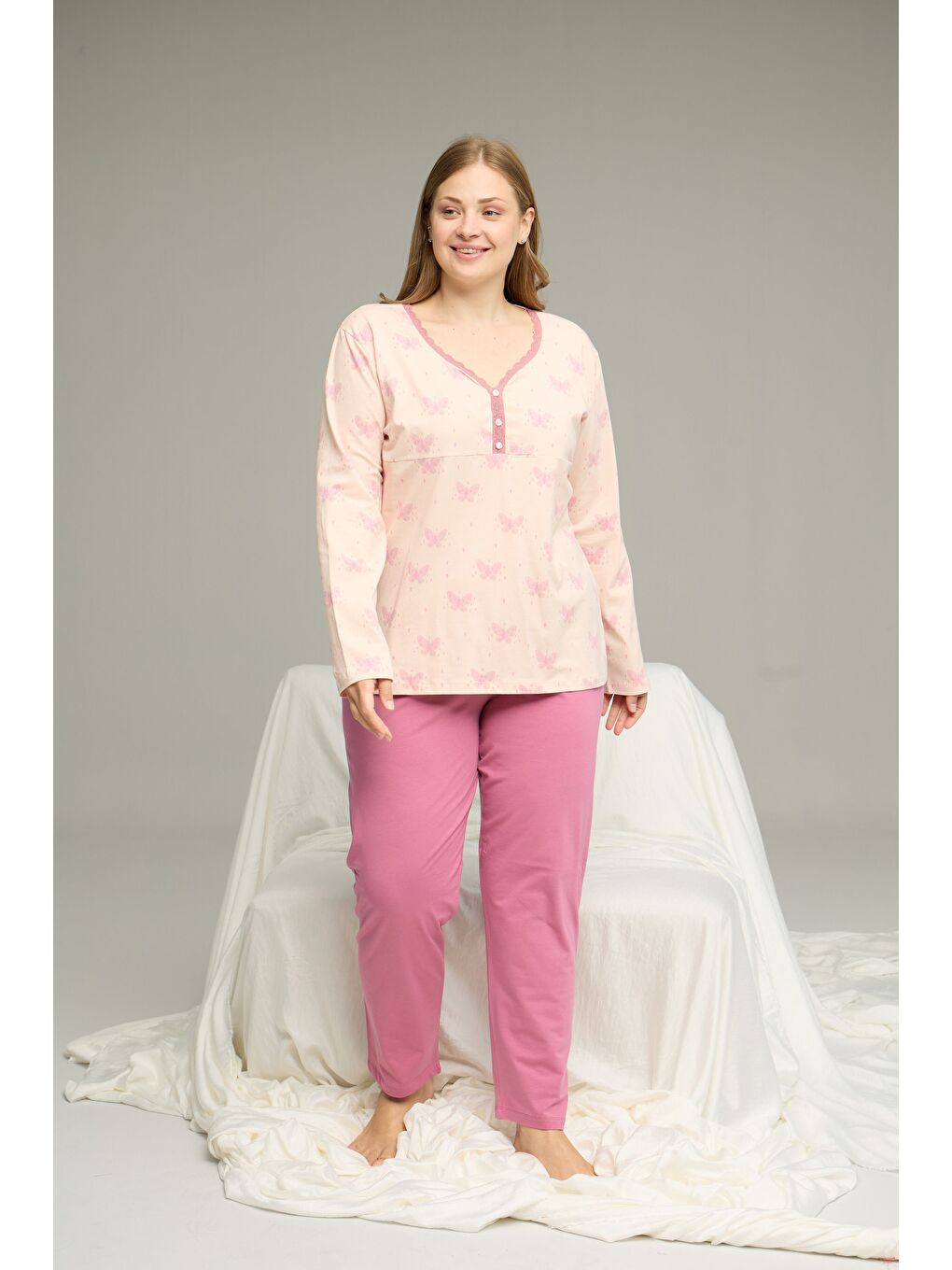 Pembe Desenli Curve Büyük Beden Battal Boy Pamuklu Pijama Takım25240777-1