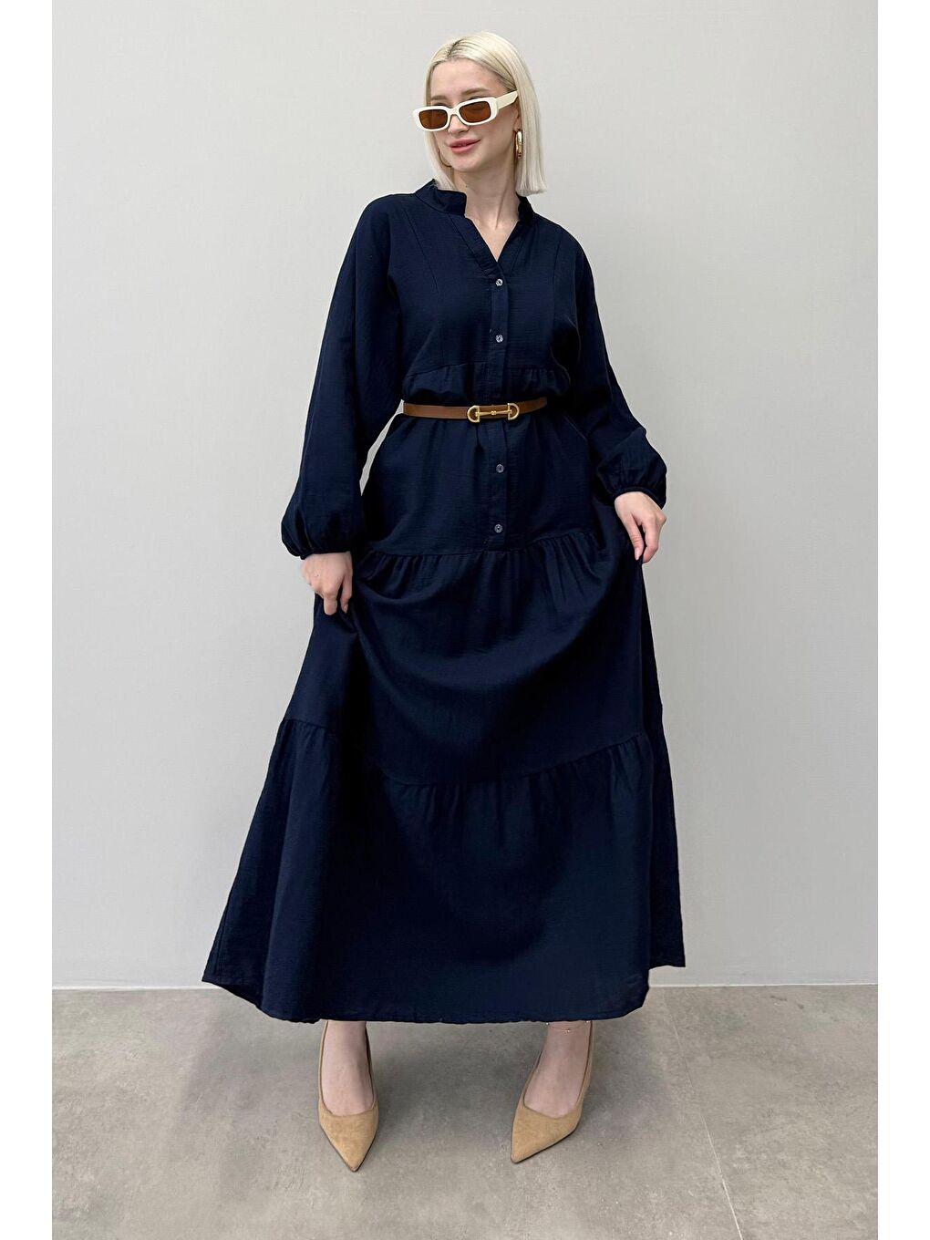 Lacivert Uzun Kollu Düğmeli Elbise Mg2433-3