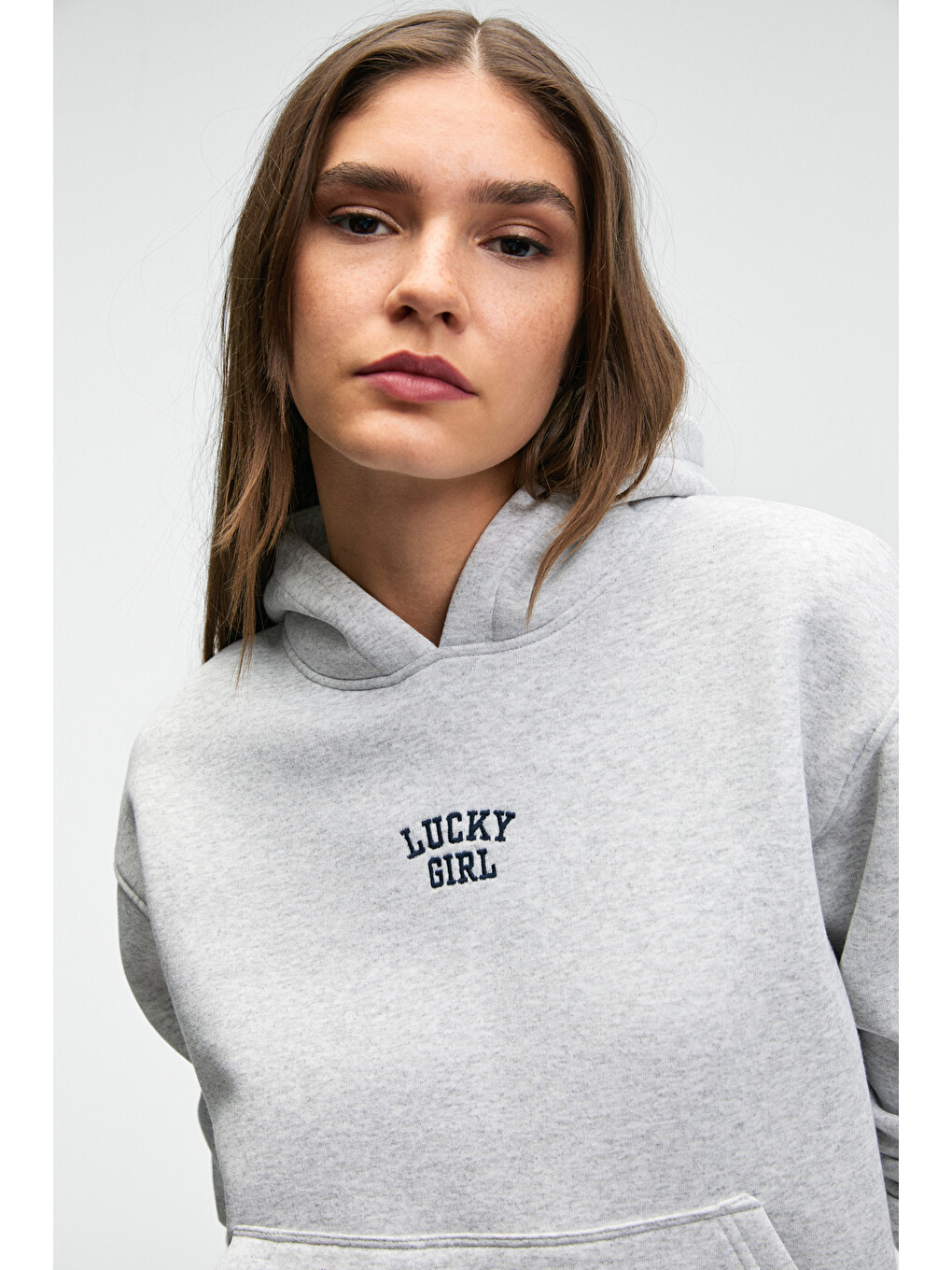Yumea Kadın Oversize Kapüşonlu Baskılı Gri Melanj Sweatshirt-1