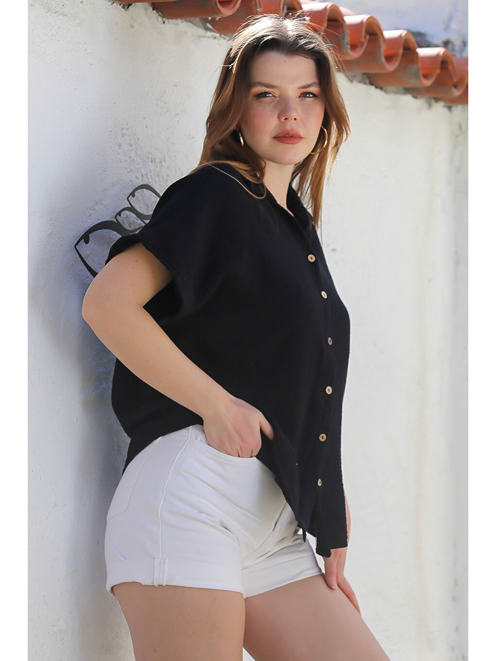 Siyah Gömlek Yaka Kısa Kol Düğmeli Yıkamalı Casual Müslin Dokuma Gömlek 68 60-5