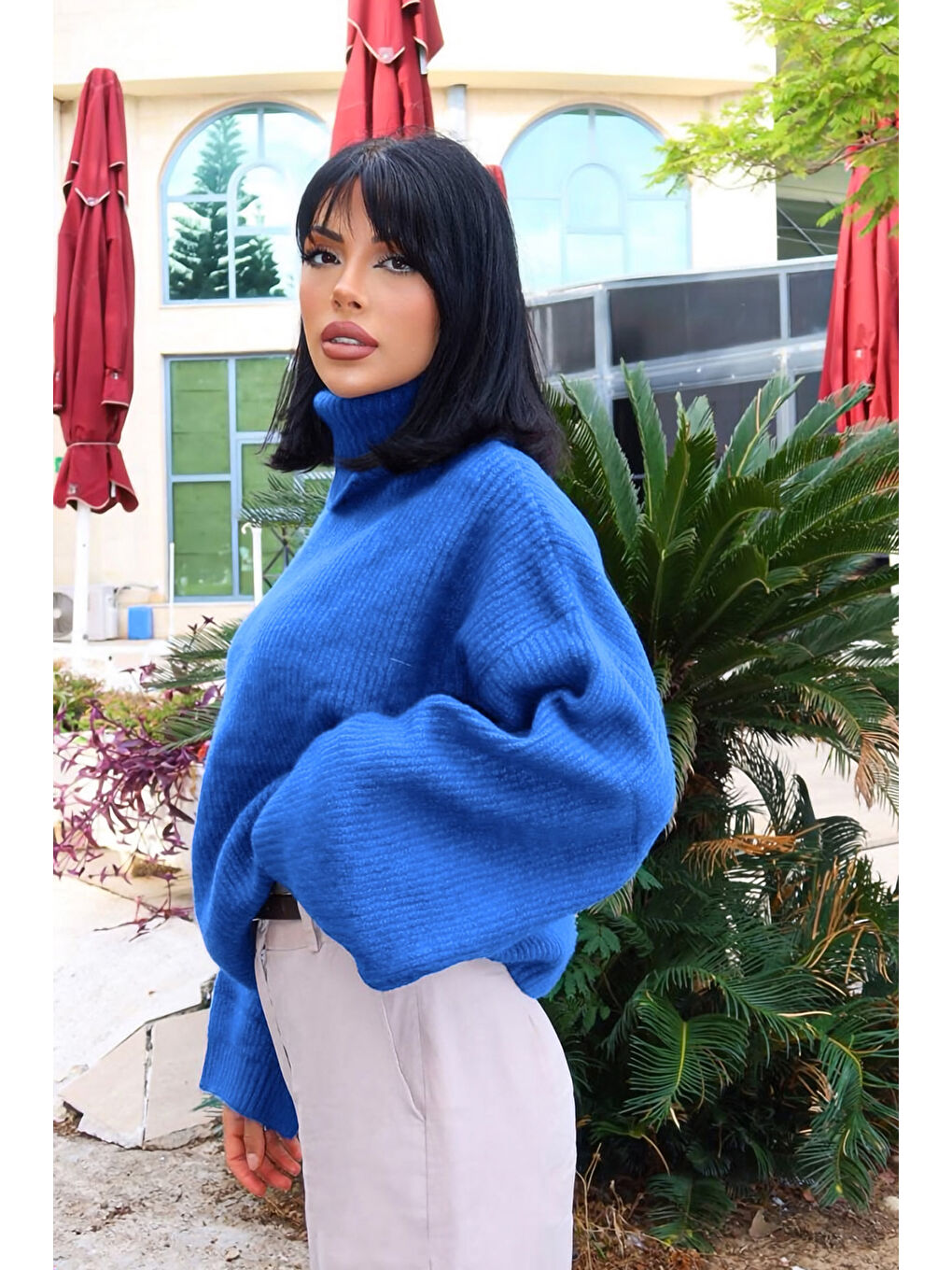 Mavi Geniş Kollu Boğazlı Triko Kazak NC-118-2