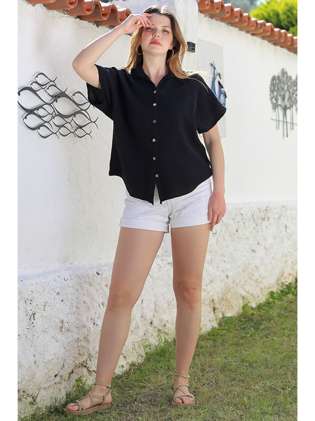 Siyah Gömlek Yaka Kısa Kol Düğmeli Yıkamalı Casual Müslin Dokuma Gömlek 68 60-6