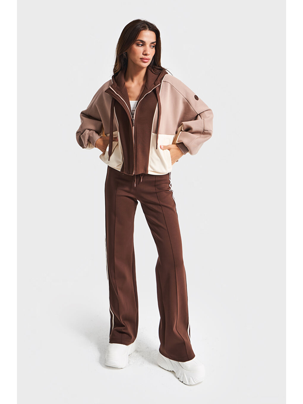 Kahverengi Kadın Kahve Renk w5-16 Örme Kumaş Polar ve Alt Eşofman 2'li Kombin Tasarım Takım-2