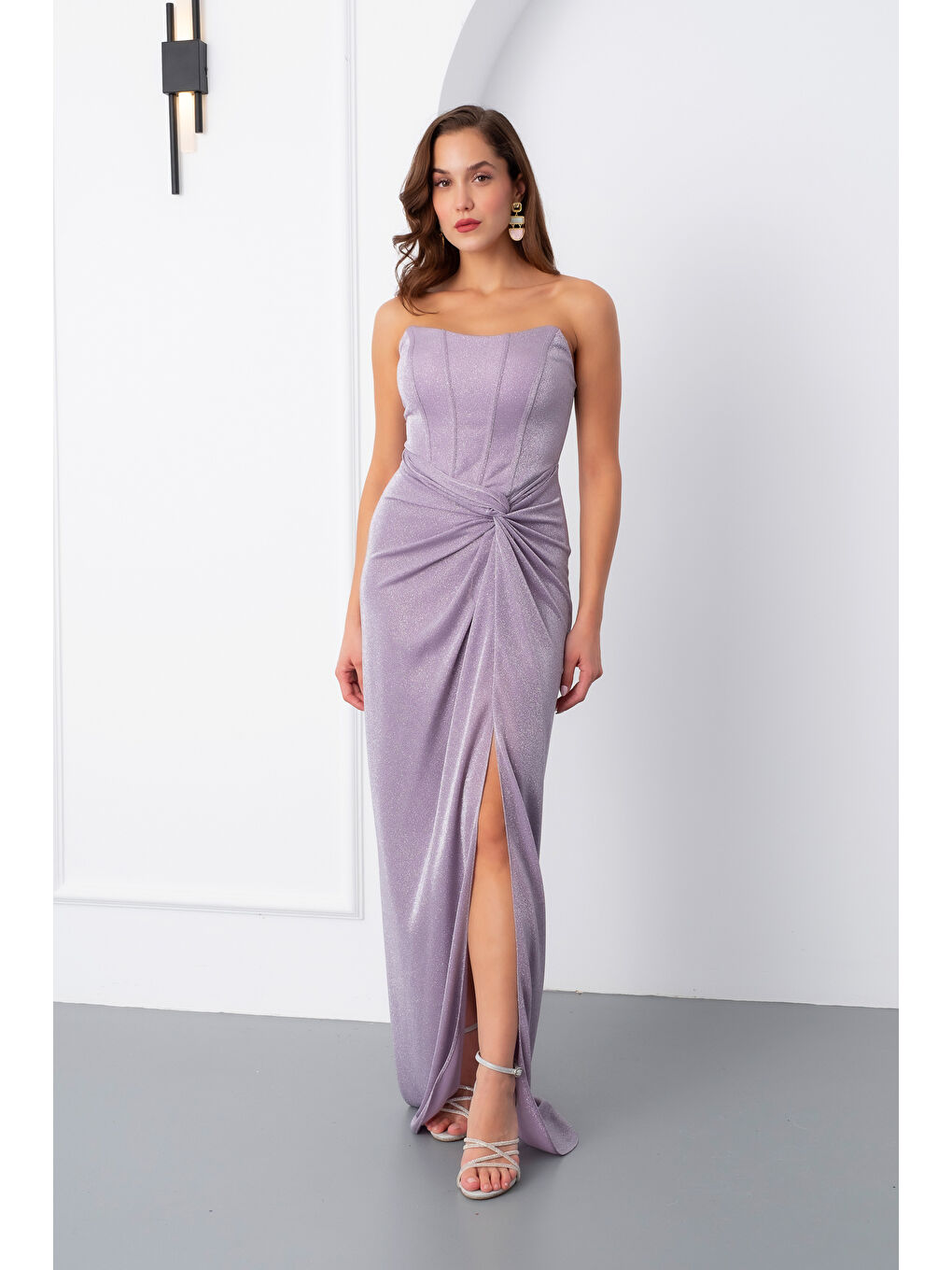 Pembe Kadın Pudra Straplez Simli Örme Abiye Elbise-1