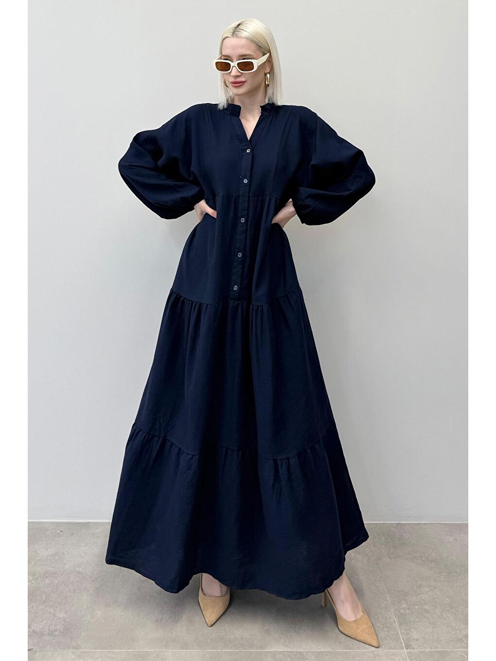 Lacivert Uzun Kollu Düğmeli Elbise Mg2433-4