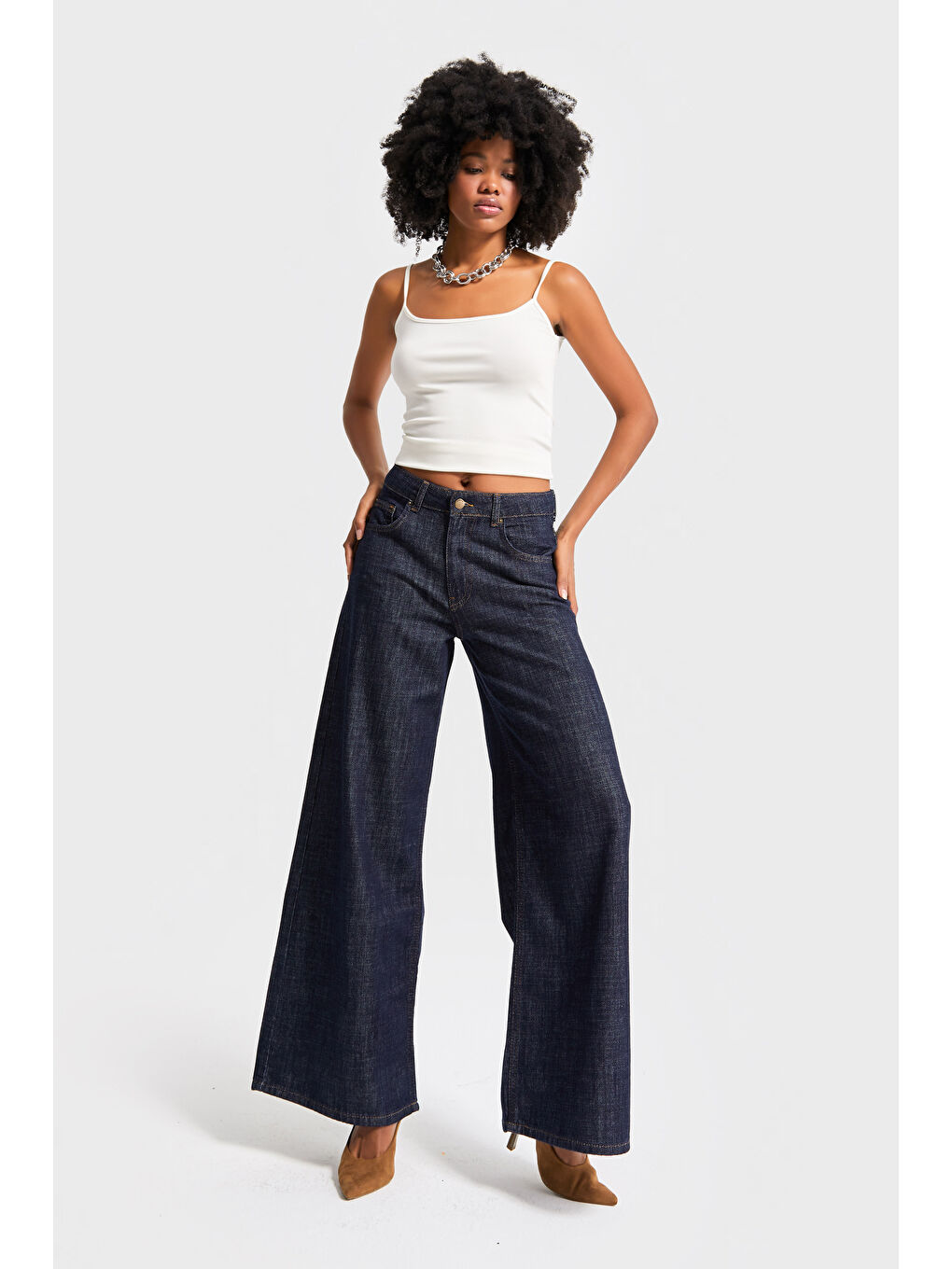 Kadın İndigo Renk 7w5-50 Palazzo Fit %100 Pamuk Dökümlü Kumaş Denim Jean-1