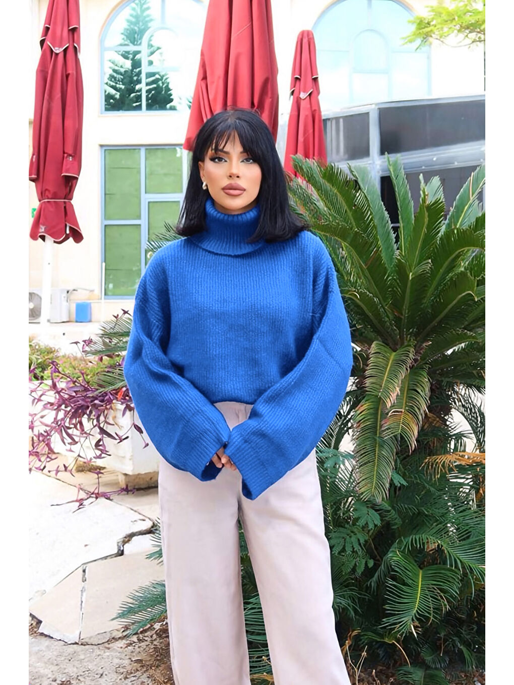 Mavi Geniş Kollu Boğazlı Triko Kazak NC-118-3