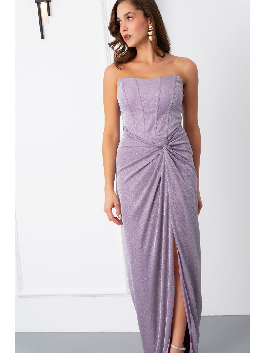 Pembe Kadın Pudra Straplez Simli Örme Abiye Elbise-2