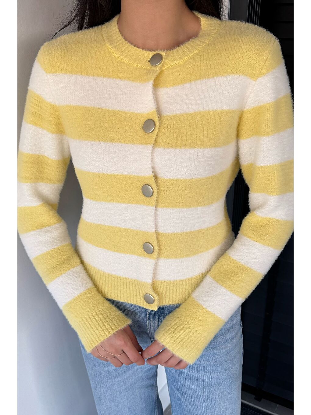 Sarı Kadın Renk Bloklu Yumoş Triko Ceket (s-m-l Beden Uyumludur.)-3