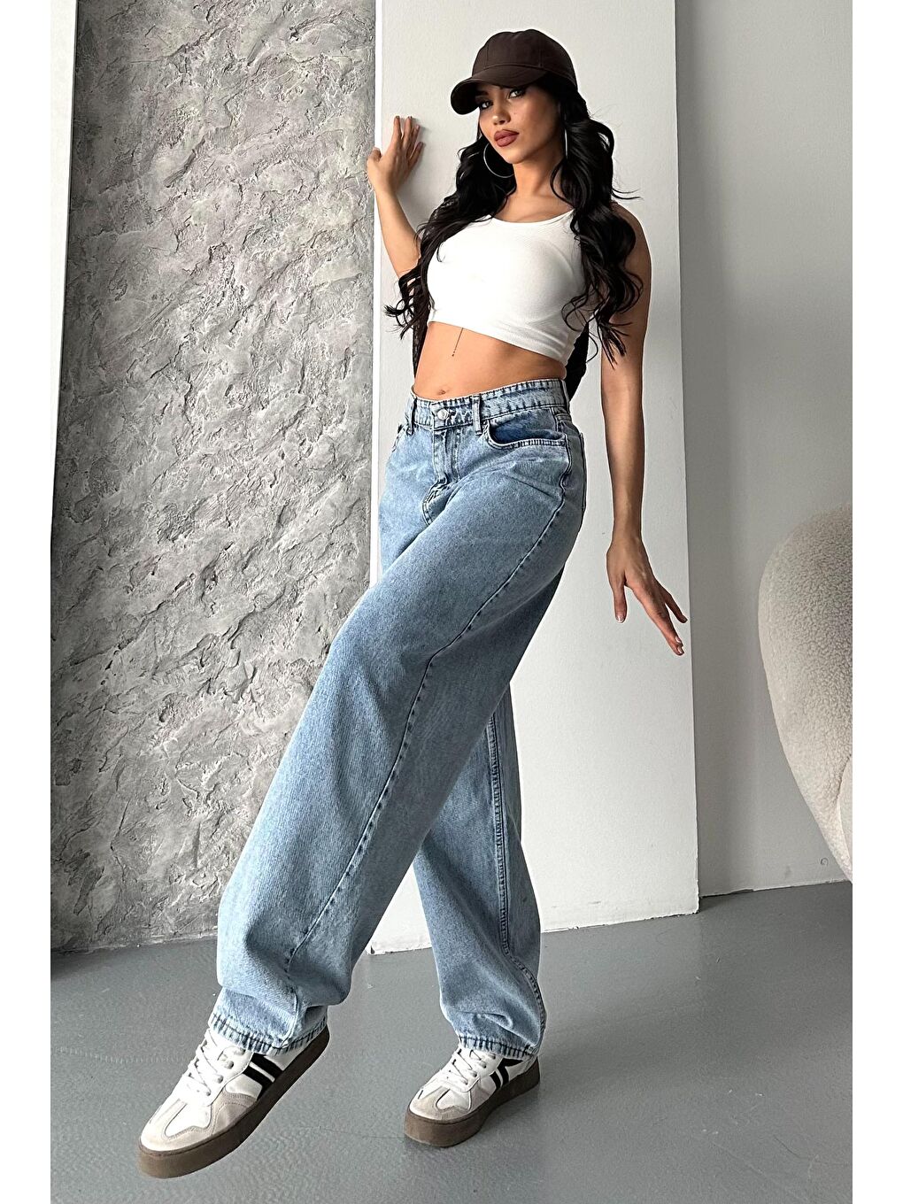 Kar Yıkamalı Baggy Jean Pantolon Mavi - 27269-2