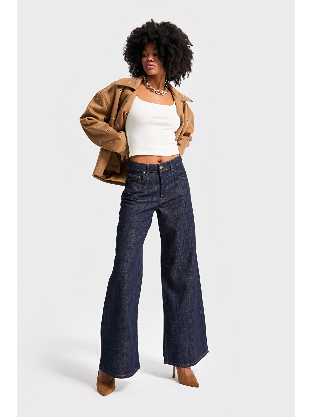 Kadın İndigo Renk 7w5-50 Palazzo Fit %100 Pamuk Dökümlü Kumaş Denim Jean-2