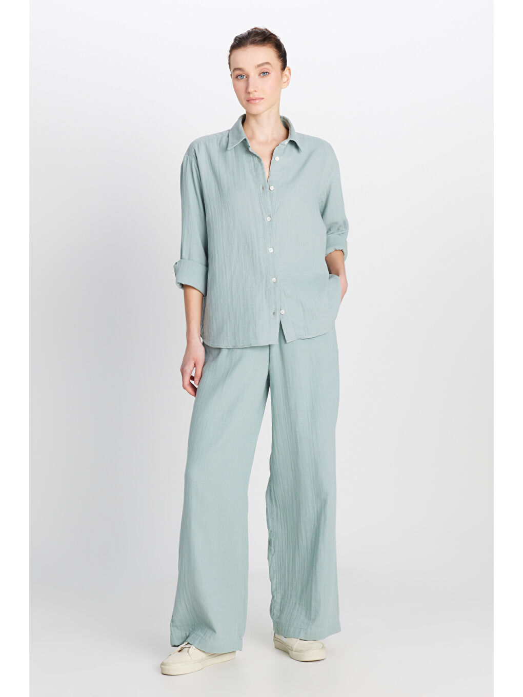 %100 Pamuk Relaxed Fit Geniş Kesim Koyu Yeşil Müslin Gömlek-2