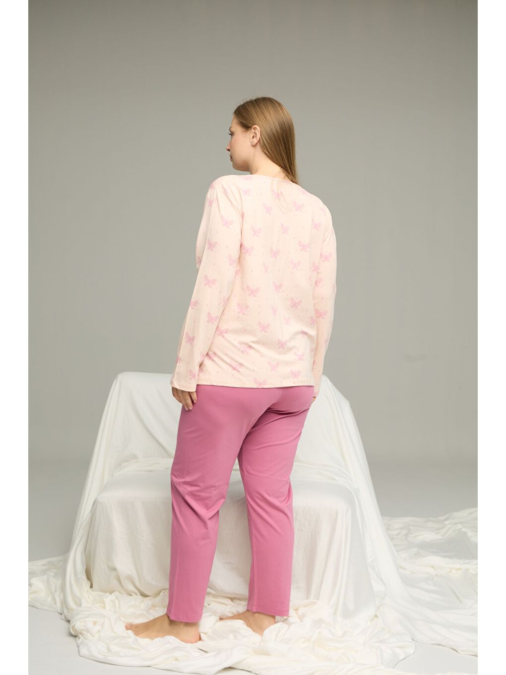 Pembe Desenli Curve Büyük Beden Battal Boy Pamuklu Pijama Takım25240777-2