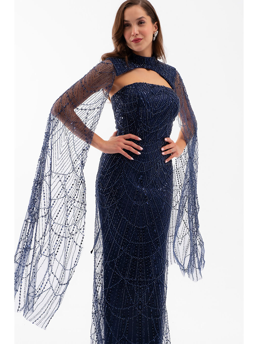 Kadın Lacivert Şallı Uzun Kol Dik Yaka Boncuklu Abiye-2